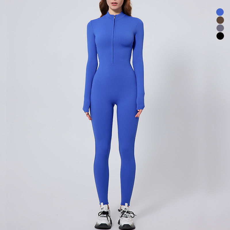 European and american nude feel long sleeve yoga bodysuit women's outdoor running fitness zipper sports jumpsuit one-piece tight