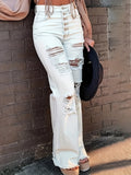 Fashion style white big hole micro-flared jeans women's high waist buttoned elastic slimming look hot girl high street style horn