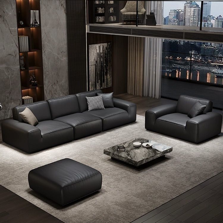 New arrival big black cow sofa italian normcore modern casual living room genuine leather tofu block straight latex sofa