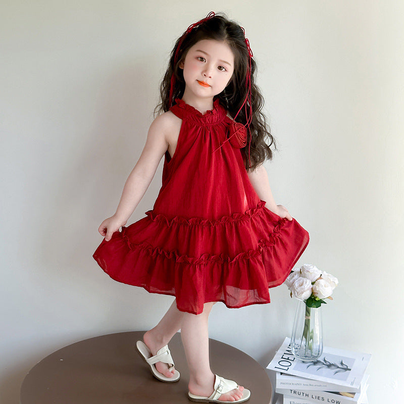new girls' red rose halter dress - kids' princess cake dress - stylish summer outfit for little girls