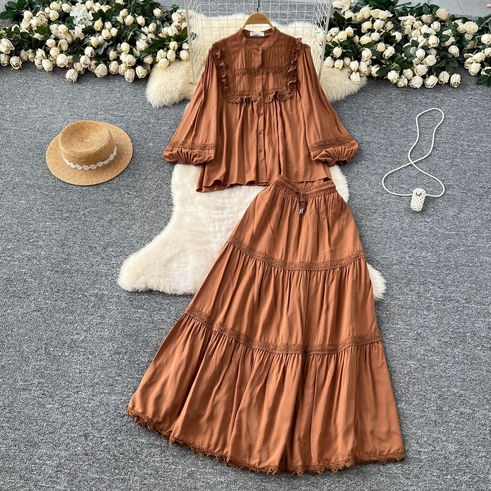 French chic outfit: women's vintage court style lace trimmed lantern sleeve single-breasted blouse with high-waisted flared midi skirt