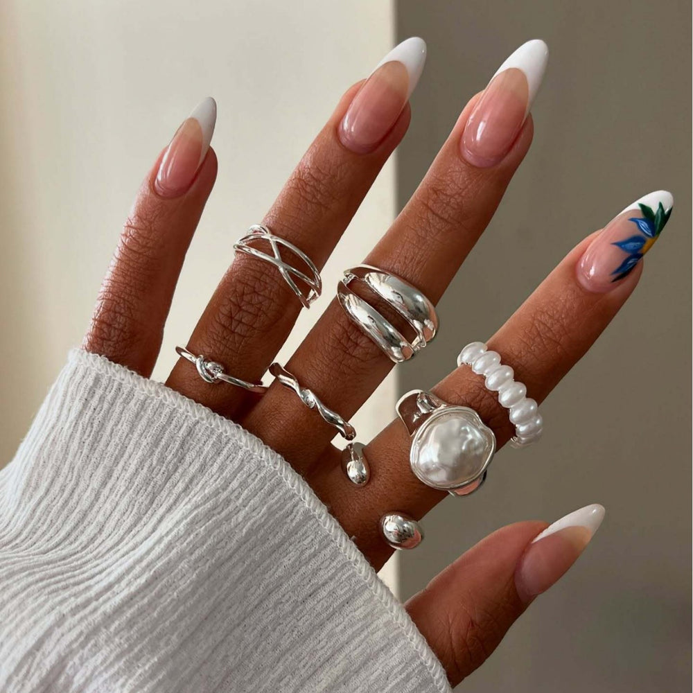European and american cross-border faux pearl ring set - niche, trendy, retro, light luxury, multi-layer geometric arc surface finger rings & jewelry