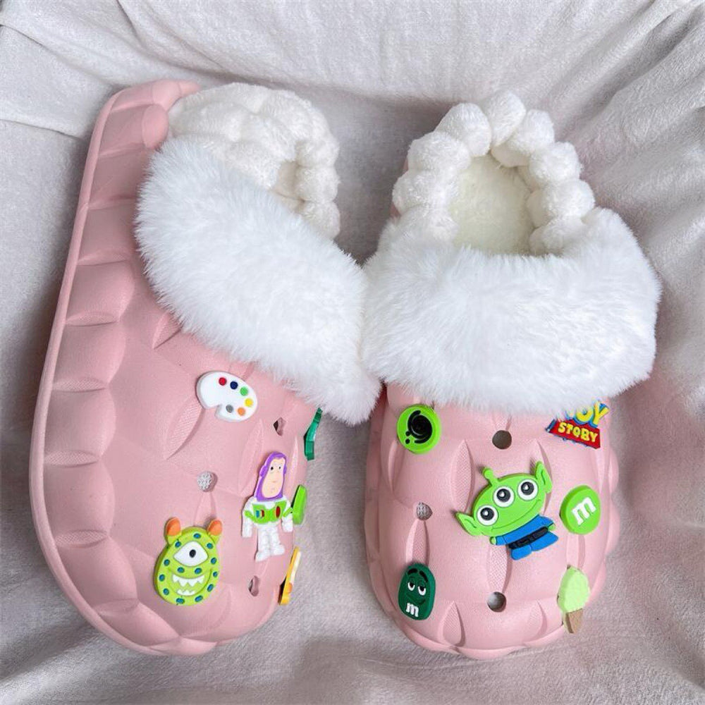 2025 cotton slippers - removable & washable, women's winter home & outdoor wear, thick sole, closed heel, fleece-lined, cartoon design, warm & cozy