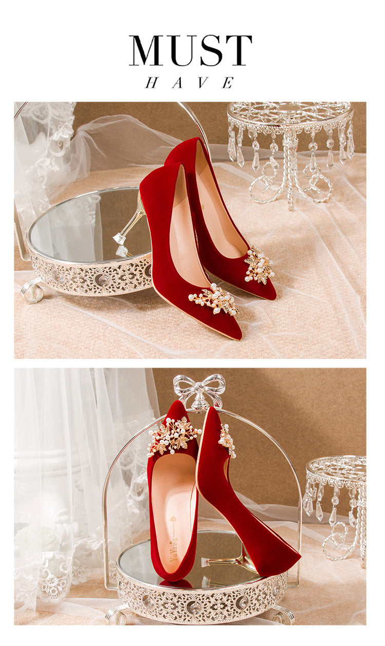 Autum wedding shoes for women with thick heels 2023 new arrival bride chinoiserie red fleece-lined xiuhe wedding dress two-wear high heels not tiring feet