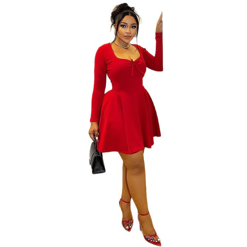 European and american style ins-inspired cross-border women's clothing: elegant, versatile, and fashionable a-line dress for going out, dating, and everyday wear. features pleated long sleeves and a solid color design