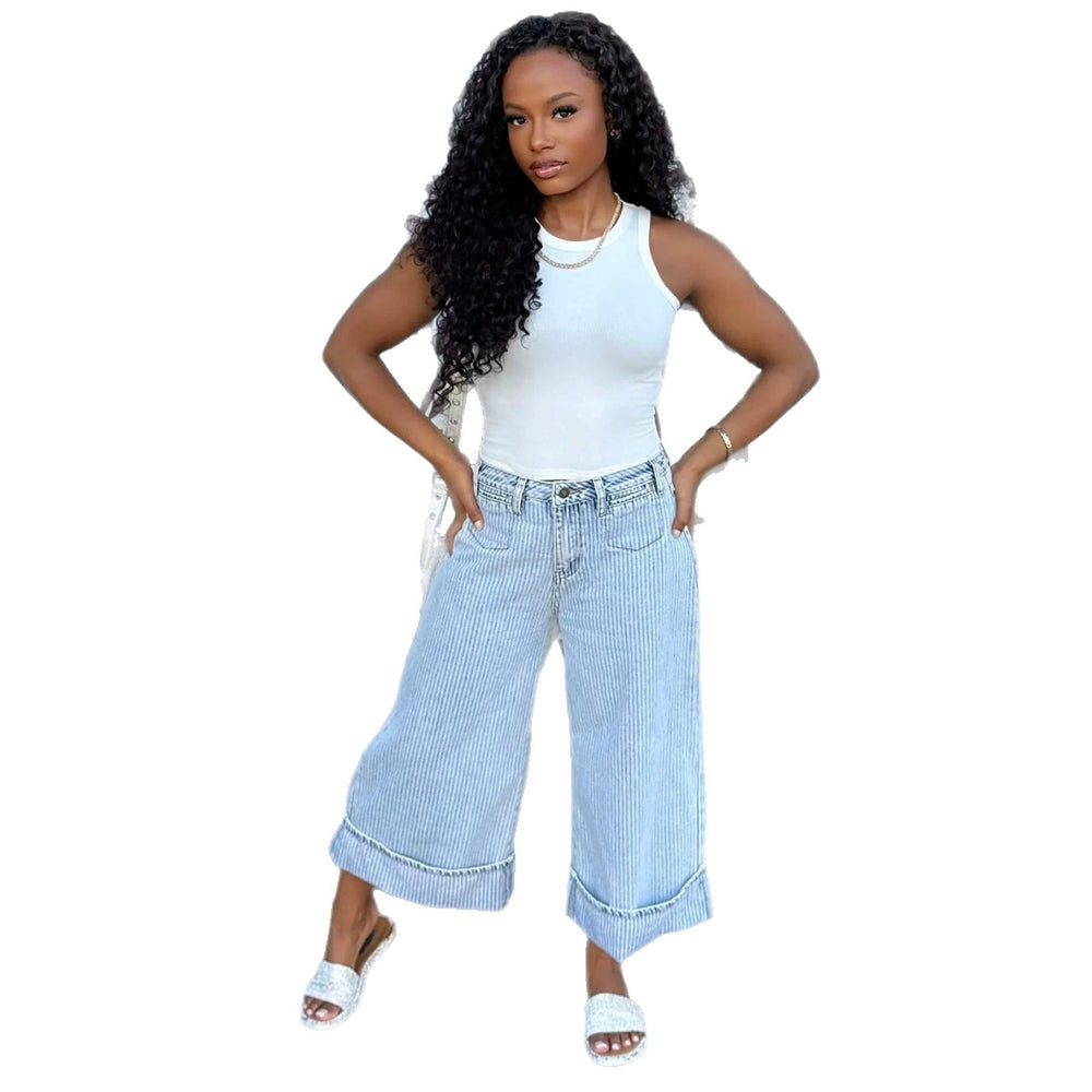 Fashionjeans women's high waiststripes washed cuffed wide-leg cropped denim women's pants cross-border loosecasual pants