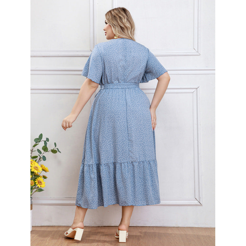 plus size cross-border new arrival:  women's original elegant v-neck ruffle trim polka dot dress