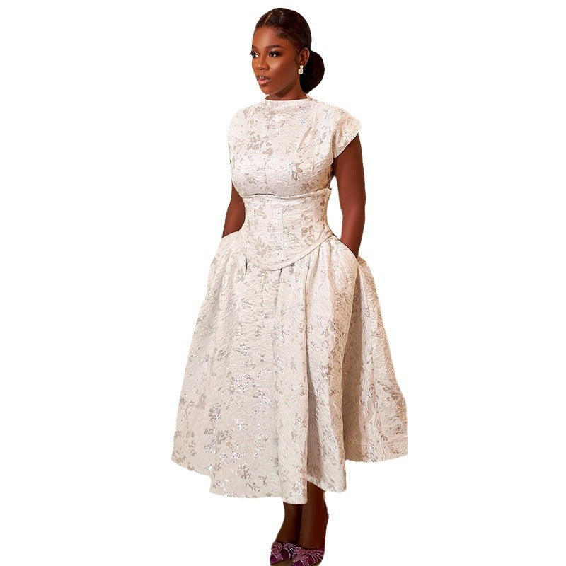European and american cross-border women's clothing:  summer new arrival - elegant high-end printed, waist-cinching, short-sleeved, a-line midi dress
