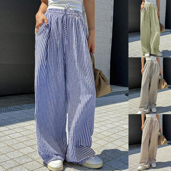 2025 European and American  's new striped wide-leg pants drawstring pockets casual trousers straight-leg pants women's clothing