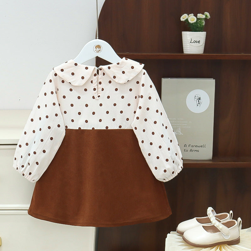 Girls' dress  autumn new style chic children's polka dot dress little bear baby princess dress kids' skirt trendy