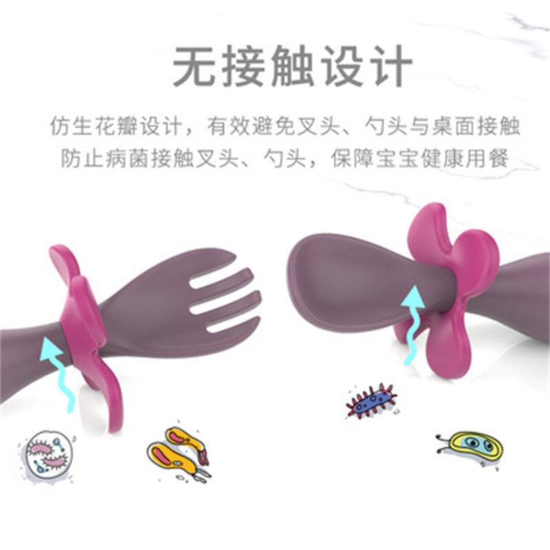 Children's learning to eat training utensil set - baby self-feeding fork and spoon - infant short-handled training fork and spoon