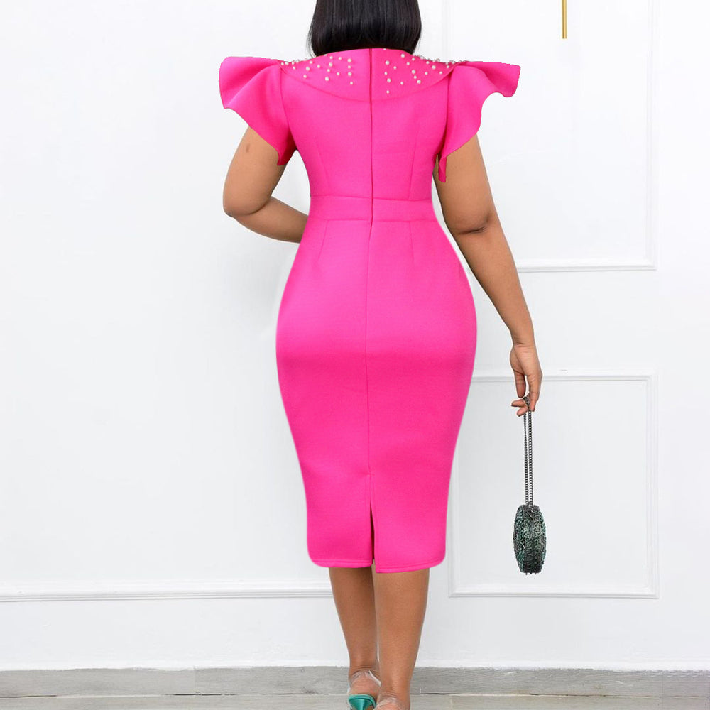 Plus size women's fashion: new  round neck ruffle sleeve slit beaded bodycon office lady dress - european & american style