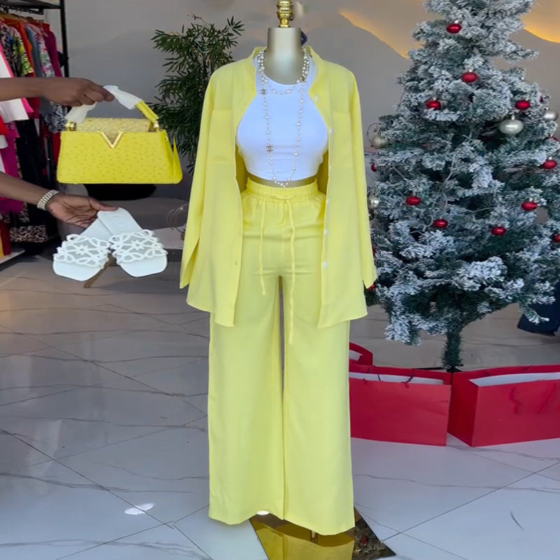 European and american cross-border women's fashion:  spring new collection - solid color turn-down collar long sleeve blouse and tie-waist wide leg pants set