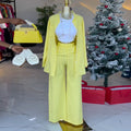 European and american cross-border women's fashion:  spring new collection - solid color turn-down collar long sleeve blouse and tie-waist wide leg pants set