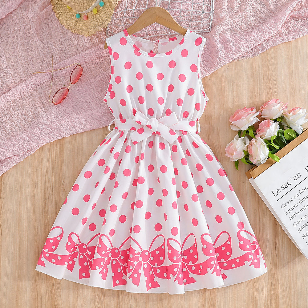 summer girls' sleeveless sundress - pink polka dot bow print with belted waist
