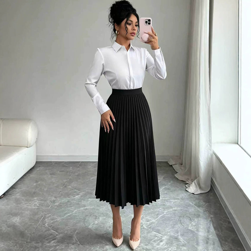 European and american  minimalist commute pleated midi skirt - black, high-waisted, drapey, slimming, versatile a-line skirt