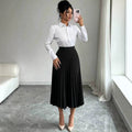 European and american  minimalist commute pleated midi skirt - black, high-waisted, drapey, slimming, versatile a-line skirt