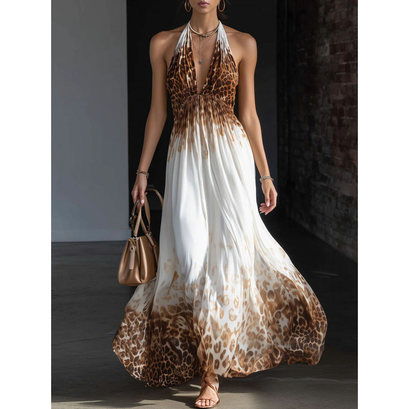 Amazon european style elegant casual leopard print halter sleeveless summer dress - new arrival
