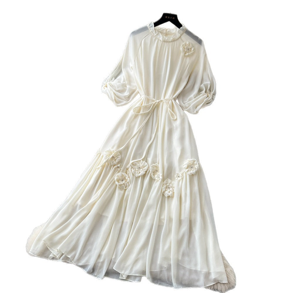 Qianjin feng accessible luxurysense of designstereo flower dress female summerlong sleeveshigh waista-line skirteleganceelegant