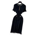 French chic hollow-out knit elegant dress - women's summer ruffle-trimmed black short-sleeve a-line dress - slimming fit