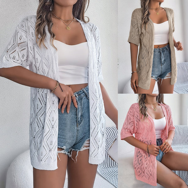Real shot summer hollow plaid short-sleeved knitted cardigan beach sunscreen shirt,  European and American  women's clothing