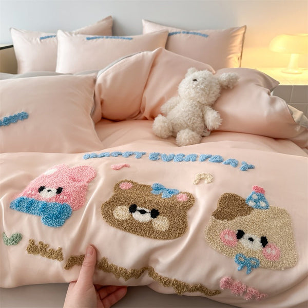 New Class A Tencel Double Parcel Towel Embroidery Four-piece Set Animal Kingdom Bedding Quilt Cover Sheet