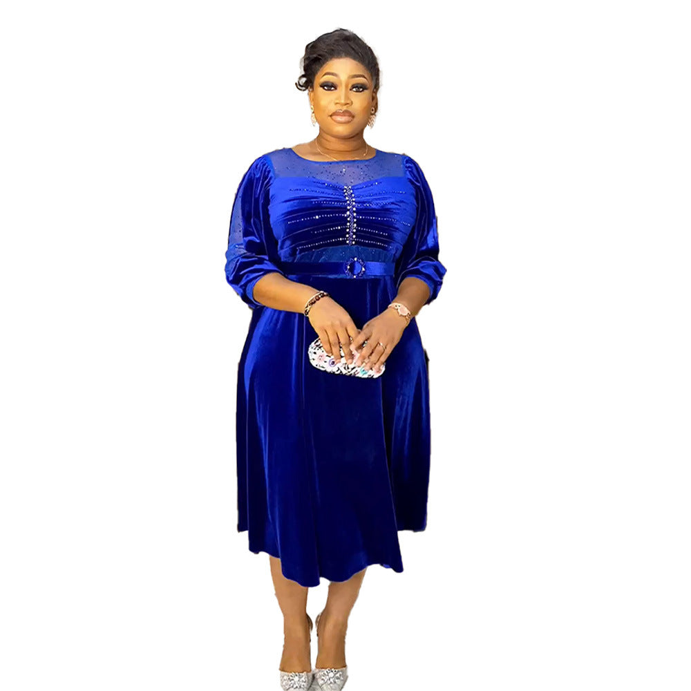 Aliexpress african plus size  autumn/winter new european and american cross-border elegant evening gown rhinestone velvet dress