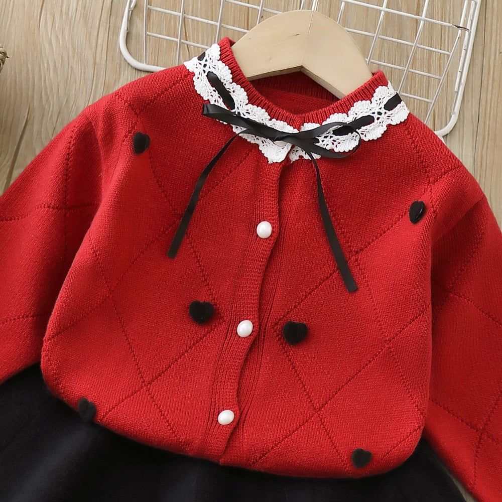 Girls' outfit:  autumn/winter new collection - skirt set with round neck, heart-shaped bow, lace knit cardigan, and stylish two-piece design