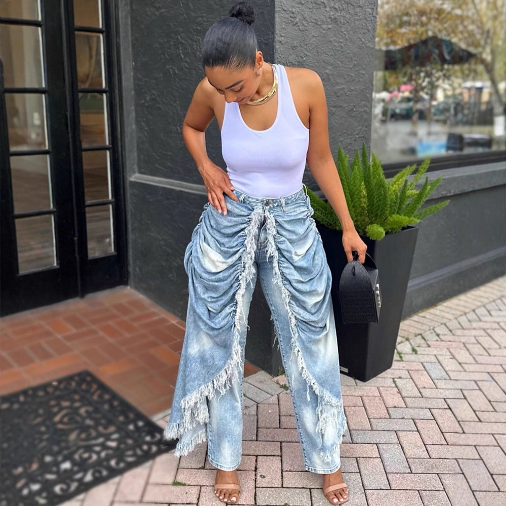 European and american style high-waisted jeans - new women's fashion on : trendy, unique, pleated, distressed, straight-leg jeans