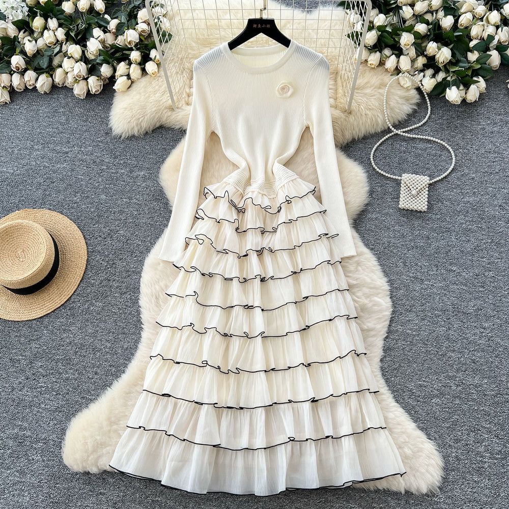 French chic floral round neck long sleeve knit patchwork tiered cake dress - elegant and figure-flattering