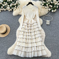 French chic floral round neck long sleeve knit patchwork tiered cake dress - elegant and figure-flattering