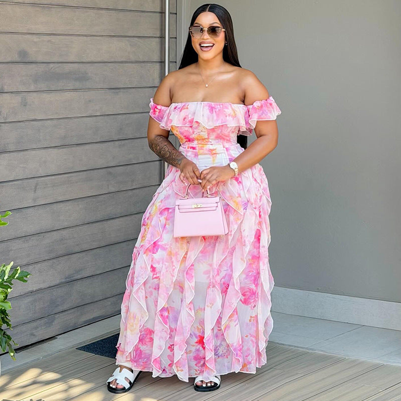 European and american cross-border women's clothing:  summer new arrivals - elegant, fresh, beach-resort style ruffle-trimmed floral dress