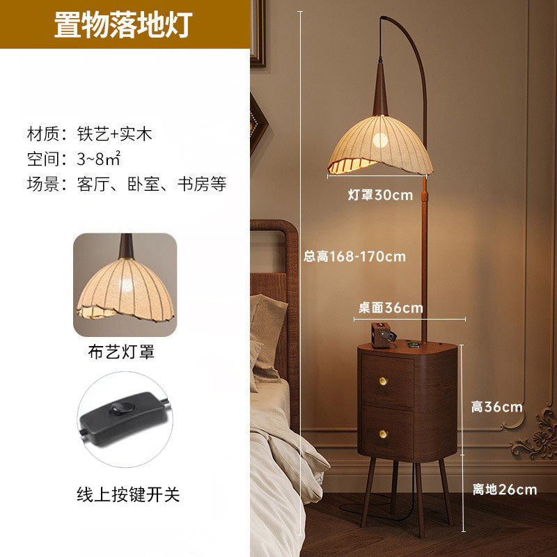 Vintage floor lamp - high-end bedroom solid wood drawer storage rack - mid-century style wireless charging bedside table lamp