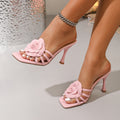 Yujie style pink rose flower high heel sandals women's stiletto heel square toe open toe fashionsweet style easiest for match sandals