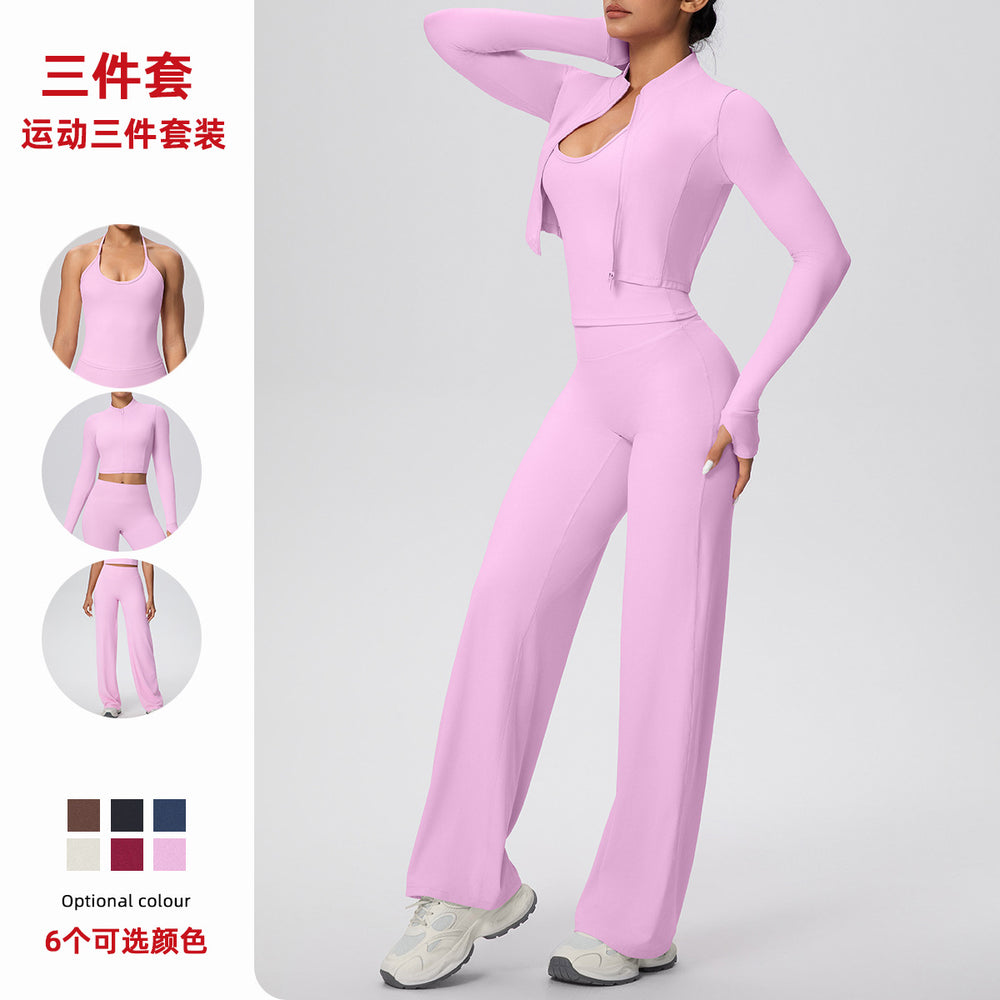 Strappy tank top casual zip-up jacket yoga outfit high-waisted butt-lifting quick-dry fitness set running sports three-piece set