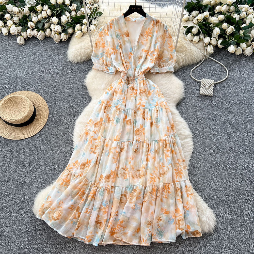 Frenchretrov neck puff sleeve floral chiffon dress women's summer dress waist elegant slit ruffles long skirt