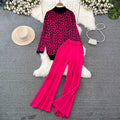 Fashionsuitk-stylelong sleeves stand collar loose jacquard knittingsweatertwo-piece sethigh waistslimming lookstraight-legloose pants