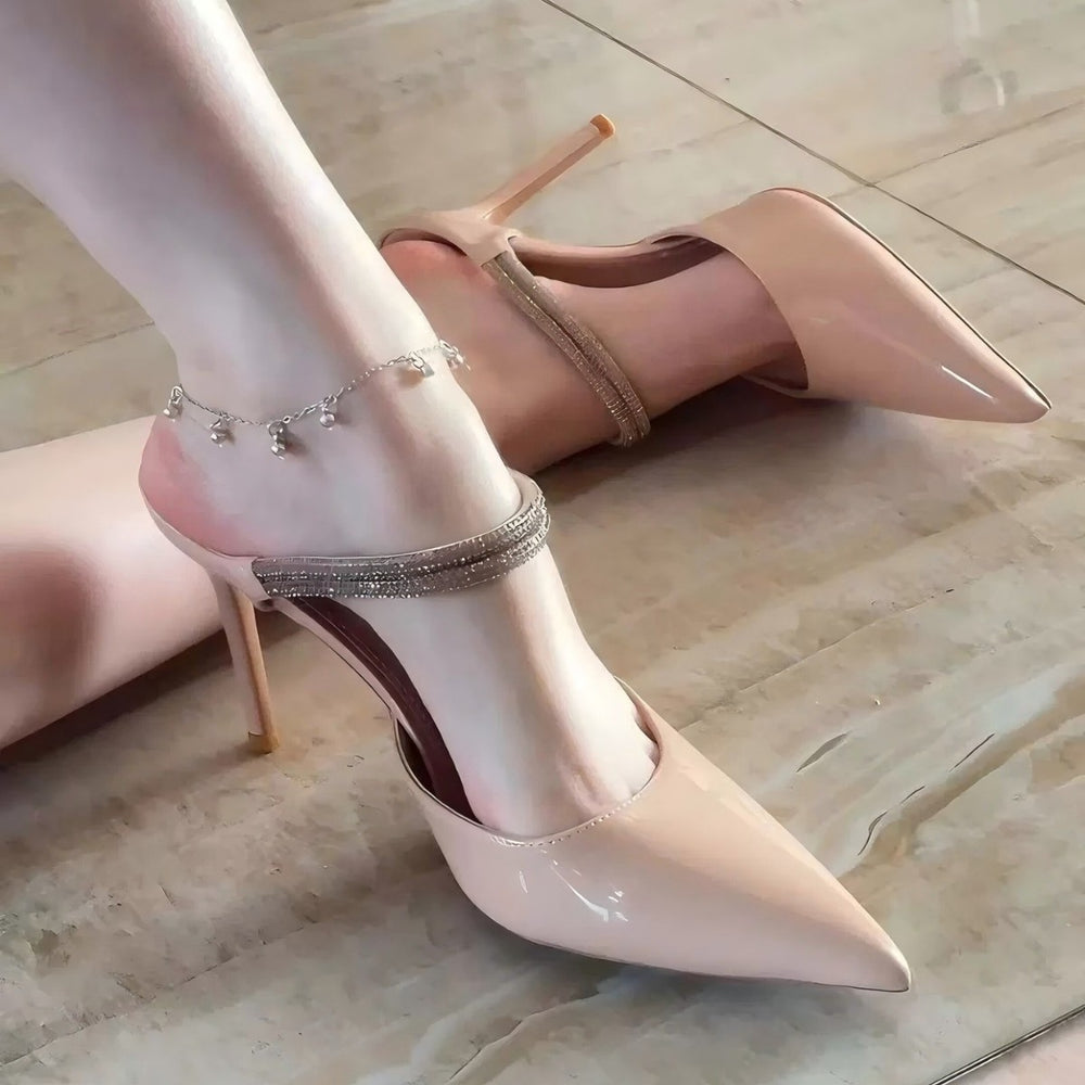 2026autumnew arrival pointed toe diamond strap high heels stiletto women's royal sister elegantoutwearsexy toe cap cool half slippers