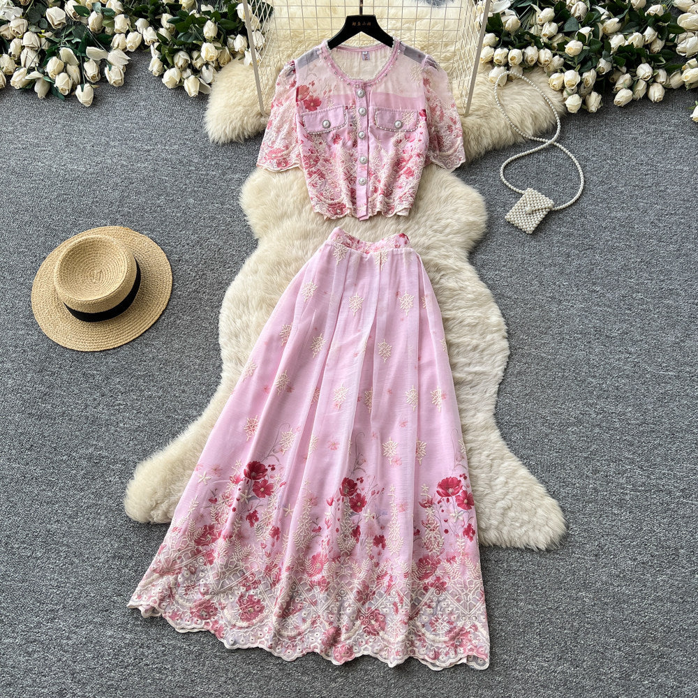 French chic floral print short sleeve embroidered two-piece set - women's summer casual slim fit age-defying outfit