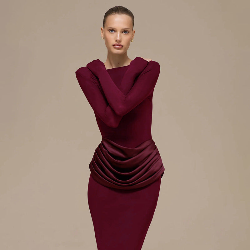 cross-border european and american women's clothing autumn/winter new collection: solid color, elegant, long-sleeved, shirred, slim-fit, bodycon, long dress for women