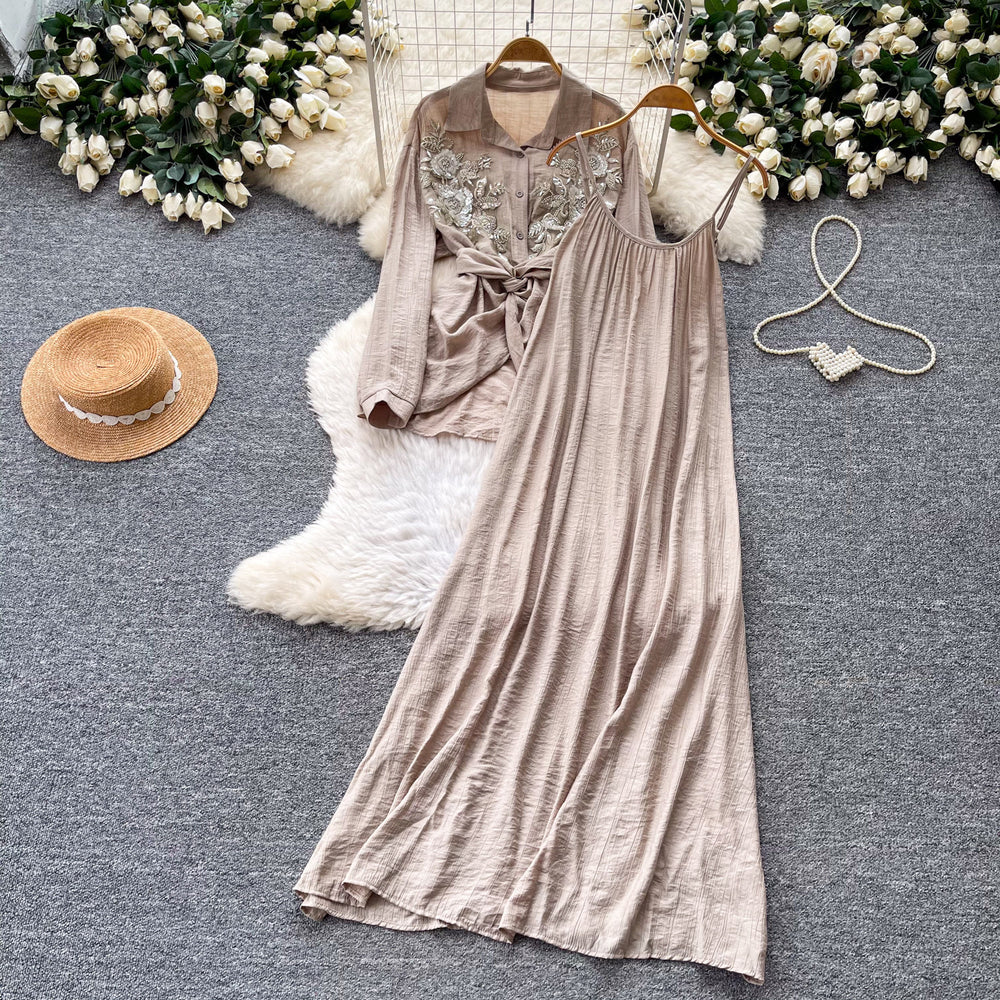 Gentle and lazy style embroidershirt suspender skirt two-piece set for women  spring autumslimming lookelegantfashionsuit