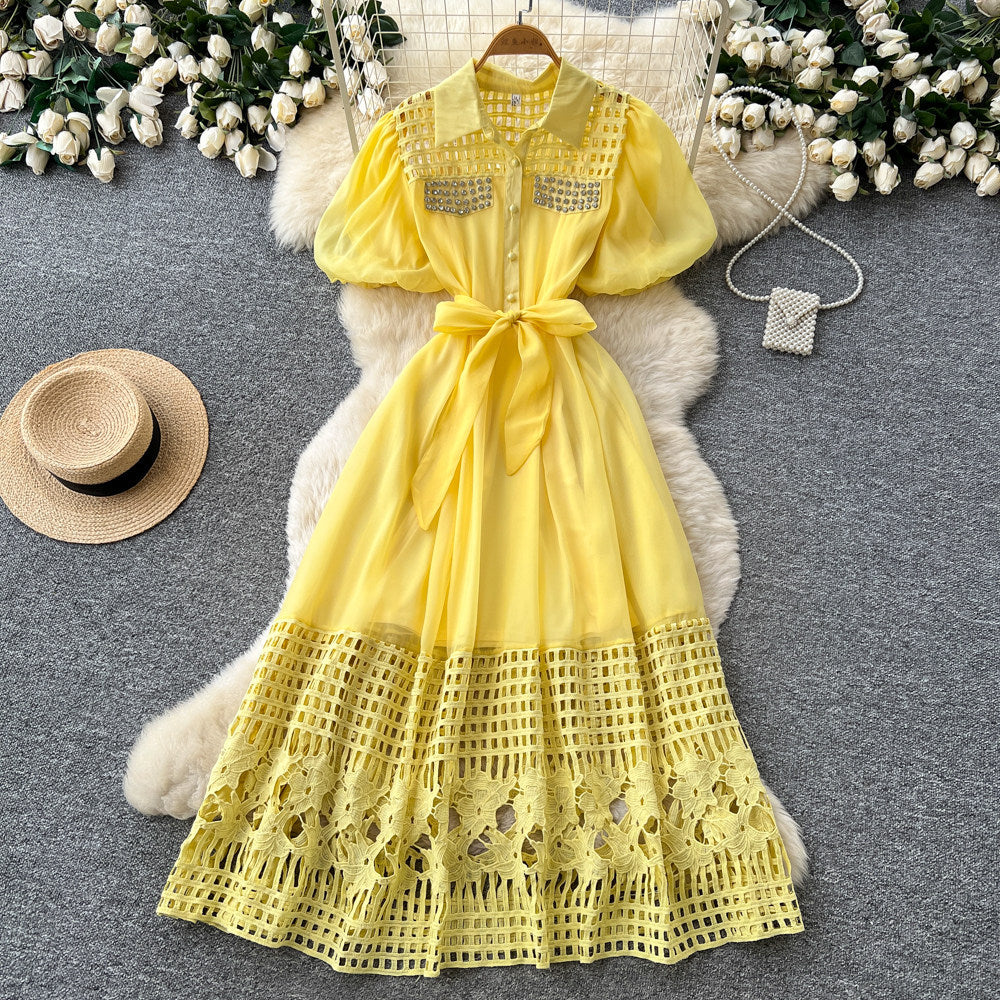 French yellow cut out short sleeve tie backdress women's summer accessible luxuryelegant style a-line work clothing long skirt