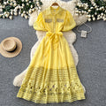 French yellow cut out short sleeve tie backdress women's summer accessible luxuryelegant style a-line work clothing long skirt