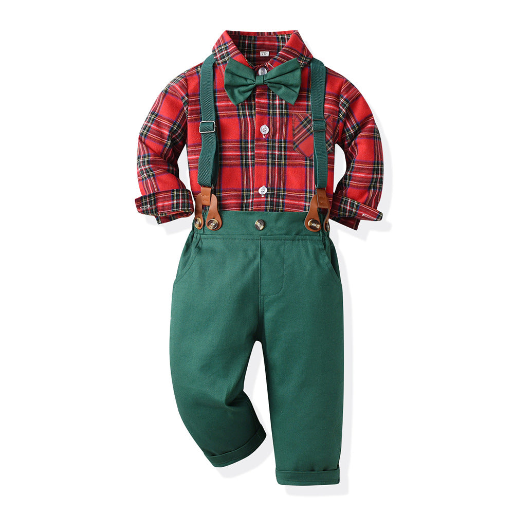 New arrivals: autumn collection - boys' cotton long-sleeve shirt & overalls set - perfect for first birthday & christmas gifts (cross-border e-commerce)