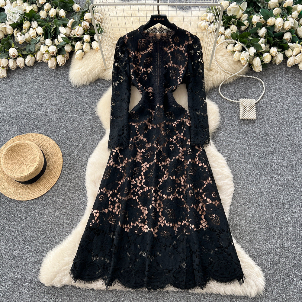 Frenchniche styleaccessible luxury socialiteclassy sense hook flower lacedress women's autum waist slimming lookelegant dress