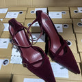 Za2025springnew arrival women's shoes burgundy suede pointed toe flats high heel mules shoes one-word buckle thin strap women's shoes
