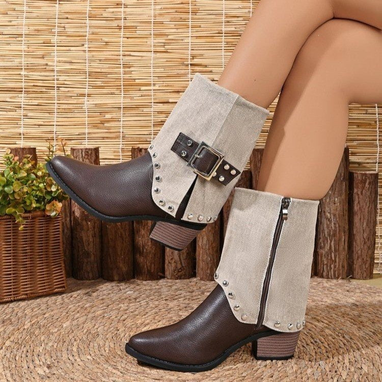 Plus size women's ankle boots for export - new autumn/winter  collection: stylish studded side-zip chunky heel metal buckle booties