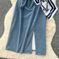 French-inspired, niche design, patchwork, tie-waist, short-sleeve denim dress for women. slimming, elegant, and features a slit midi length
