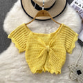 Bowknot ruched v-neck short sleeve ice silk top - women's summer 2024 korean style high-waisted cropped t-shirt