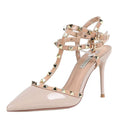 Studded high heel women's stiletto pumps - versatile & chic for summer 2024 - sexy pointed toe t-strap peep-toe rivet sandals